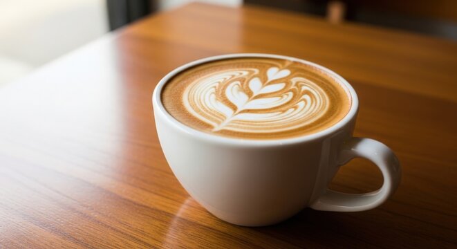 A Beautiful Latte Art Coffee Cup With Heart Shape Design on a Wooden Table