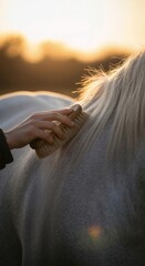 A person's hand grooming a white horse with a brush at sunset. Close-up of equestrian care during the golden hour