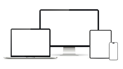Realistic computer, laptop, tablet, smartphone with a white background