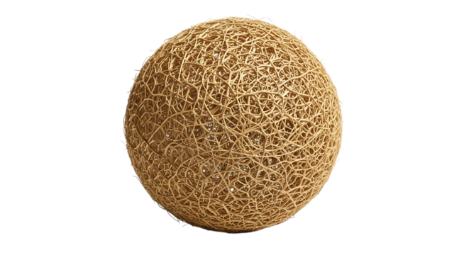 Textured sphere resembling dried plant matter with intricate interwoven fibers, isolated on a white or transparent background, cutout, PNG