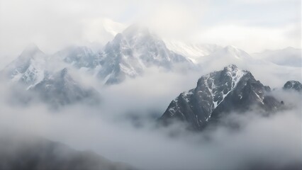 Majestic snow-capped mountain peaks shrouded in ethereal clouds and fog, a serene alpine landscape vista.