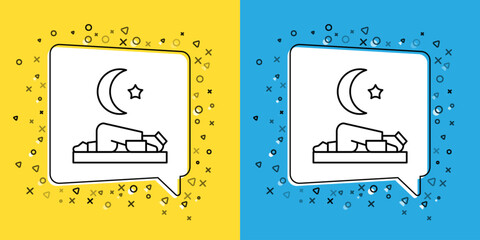 Set line Muslim man prays on the carpet icon isolated on yellow and blue background. Vector