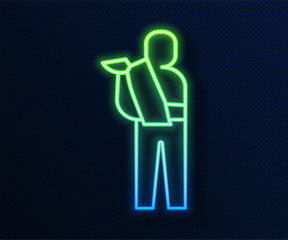 Glowing neon line Human broken arm icon isolated on blue background. Injured man in bandage. Vector