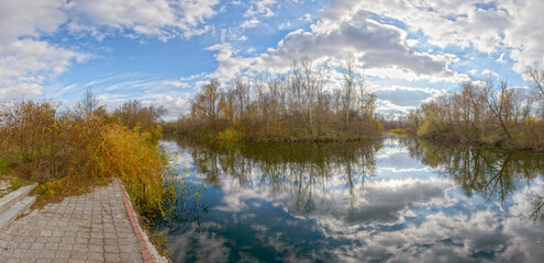 Panorama of Orel river bay, Obukhovka, Dnepropetrovsk area, Ukraine.
