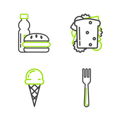 Set line Fork, Ice cream in waffle cone, Sandwich and Bottle of water burger icon. Vector
