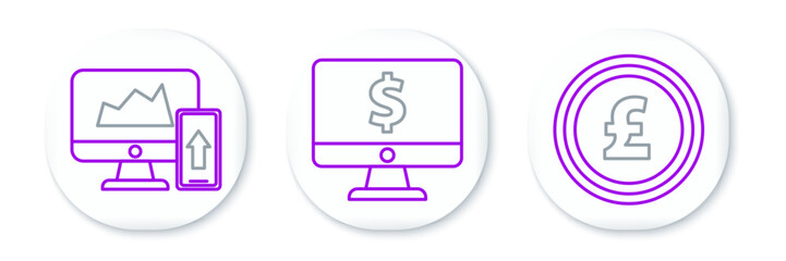 Set line Coin money with pound sterling symbol, Financial chart or graph the computer monitor and mobile phone and Computer dollar icon. Vector