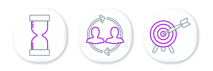 Set line Target with arrow, Old hourglass flowing sand and Human resources icon. Vector