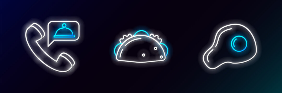 Set line Scrambled eggs, Food ordering and Taco with tortilla icon. Glowing neon. Vector