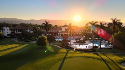 A beautiful sunset casts a warm glow over a luxurious golf resort, highlighting the meticulously maintained golf course. The golf course features palm trees and a serene swimming p
