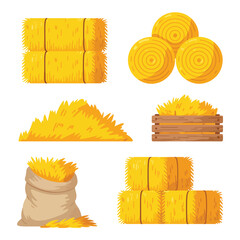 A vector illustration of various hay and straw forms including rectangular and round bales, piles, and sacks.