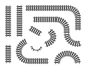 Set of railway tracks illustrations featuring straight sections and various curved elements
