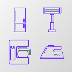 Set line Electric iron, Coffee machine with glass pot, heater and Refrigerator icon. Vector