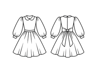 Flat sketch illustration of a vintage style dress with a peter pan collar and bow back detail