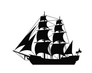 Detailed black silhouette of a vintage tall ship, representing ocean exploration and adventure