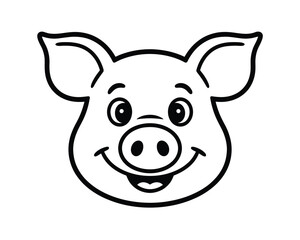 An adorable cartoon pig head illustration in black and white line art style