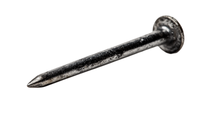 Single old metal nail isolated on white background or transparent png, sturdy fastening tool for wood, construction, or DIY projects.