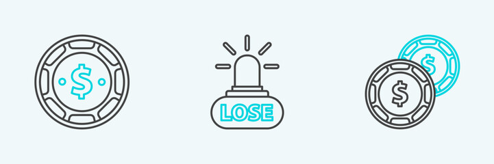 Set line Casino chip with dollar, and losing icon. Vector