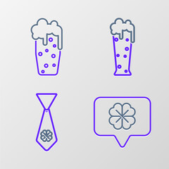 Set line Four leaf clover in speech bubble, Tie with four, Glass of beer and icon. Vector