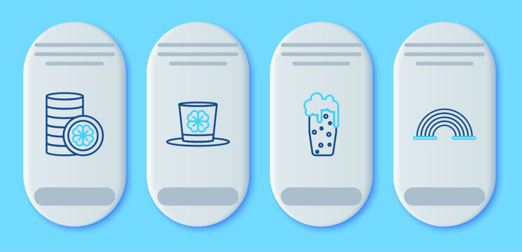 Set line Leprechaun hat and four leaf clover, Glass of beer, Gold coin with and Rainbow icon. Vector