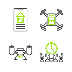 Set line Robot and digital time manager, Drone flying with action camera, and Smart home icon. Vector