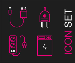 Set line Power bank, Electric extension cord, plug and Charger icon. Vector