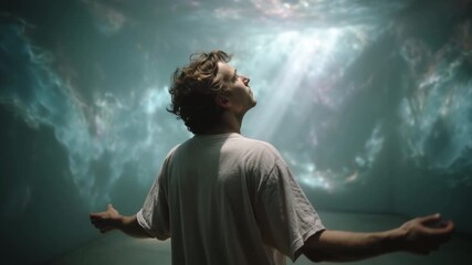 Young man standing with arms outstretched, embracing a sense of spiritual freedom and hope while looking up at a breathtaking, divine sky filled with dramatic clouds and ethereal light beams