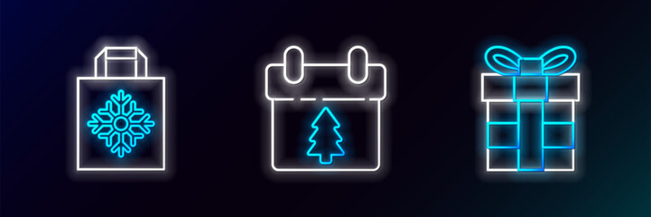 Set line Gift box, Christmas paper shopping bag and Calendar icon. Glowing neon. Vector