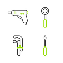 Set line Screwdriver, Clamp tool, Wrench spanner and Electric hot glue gun icon. Vector
