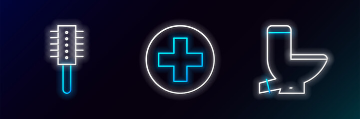 Set line Toilet bowl, Hairbrush and Cross hospital medical icon. Glowing neon. Vector