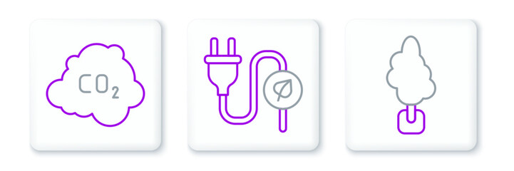 Set line Tree, CO2 emissions in cloud and Electric saving plug leaf icon. Vector