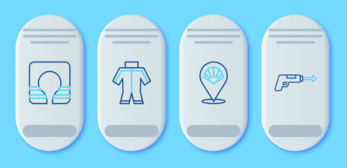 Set line Wetsuit, Scallop sea shell, Life jacket and Fishing harpoon icon. Vector