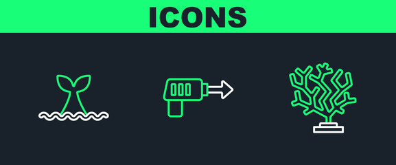 Set line Coral, Whale tail in ocean wave and Fishing harpoon icon. Vector