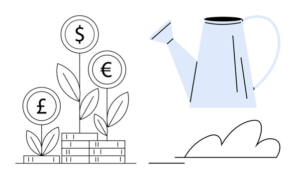 Plants growing from coin stacks with dollar, euro, and pound signs nurtured by a watering can. Ideal for finance, investment, growth, planning, savings profit and sustainability themes. Simple flat