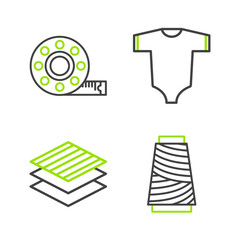 Set line Sewing thread on spool, Textile fabric roll, Baby clothes and Tape measure icon. Vector