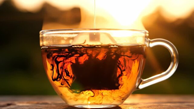 A tea bag steeped in a clear glass cup creates swirling patterns in the rich amber liquid as sunlight highlights the vibrant scene. The warm tea in the cup evokes a sense of calm a