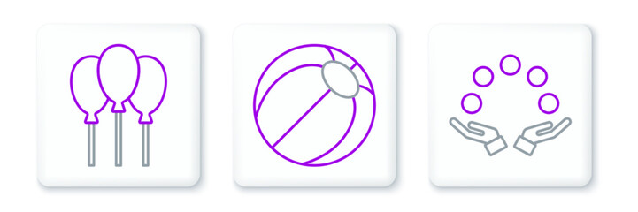 Set line Juggling ball, Balloons with ribbon and Beach icon. Vector