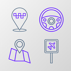 Set line Airport, Folded map with location, Steering wheel and Location taxi icon. Vector