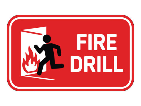 A fire drill sign indicates an emergency exit with flames and a running figure.