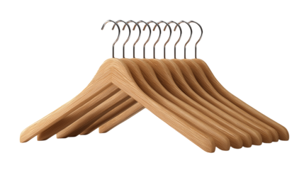 Wooden clothes hangers isolated on white background or transparent png, sturdy and elegant wardrobe accessory for hanging shirts, dresses, and coats.
