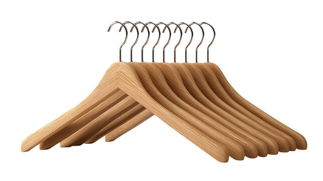 Wooden clothes hangers isolated on white background or transparent png, sturdy and elegant wardrobe accessory for hanging shirts, dresses, and coats.