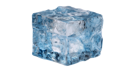 A large ice cube isolated on a white or transparent PNG background, showcasing its clear, frosty texture and crystalline structure.