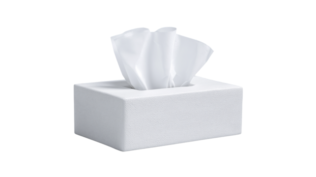 A white cardboard box containing neatly folded white soft tissue, isolated on white background in transparent png for clean display.