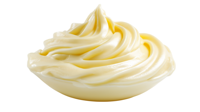 Mayonnaise served on a small transparent plate, isolated on white or PNG background, showcasing creamy texture and smooth consistency.