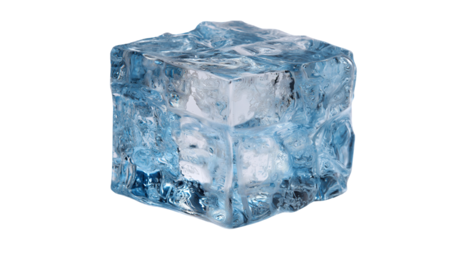 A large ice cube isolated on a white or transparent PNG background, showcasing its clear, frosty texture and crystalline structure. - Powered by Adobe