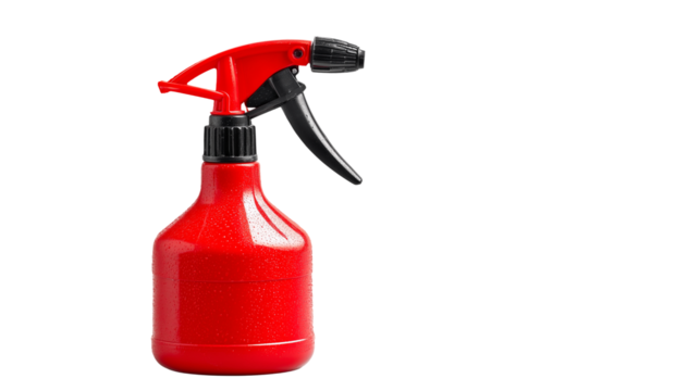 A red plastic spray bottle with adjustable nozzle, isolated on white background or transparent png for cleaning or cosmetic use. - Powered by Adobe