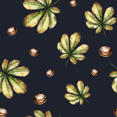 Watercolor chestnut leaf seamless pattern in warm autumn tones. Botanical hand drawn illustration isolated on background. Ideal for seasonal, halloween, forest, or nature-themed designs. Rustic
