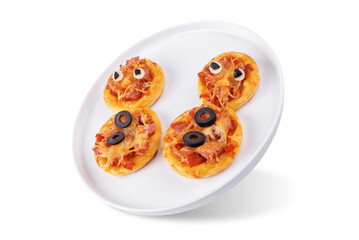 Pizza mini with salami in the form of snowman for Christmas holidays on a white isolated background