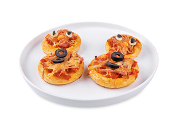 Pizza mini with salami in the form of snowman for Christmas holidays on a white isolated background