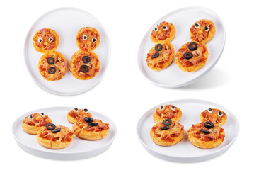 Pizza mini with salami in the form of snowman for Christmas holidays on a white isolated background