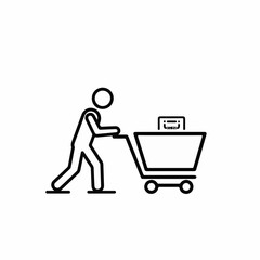 Person pushing shopping cart with square box illustration, symbolizing online shopping and retail experience. Shopping cart represents convenience and efficiency in purchasing goods.